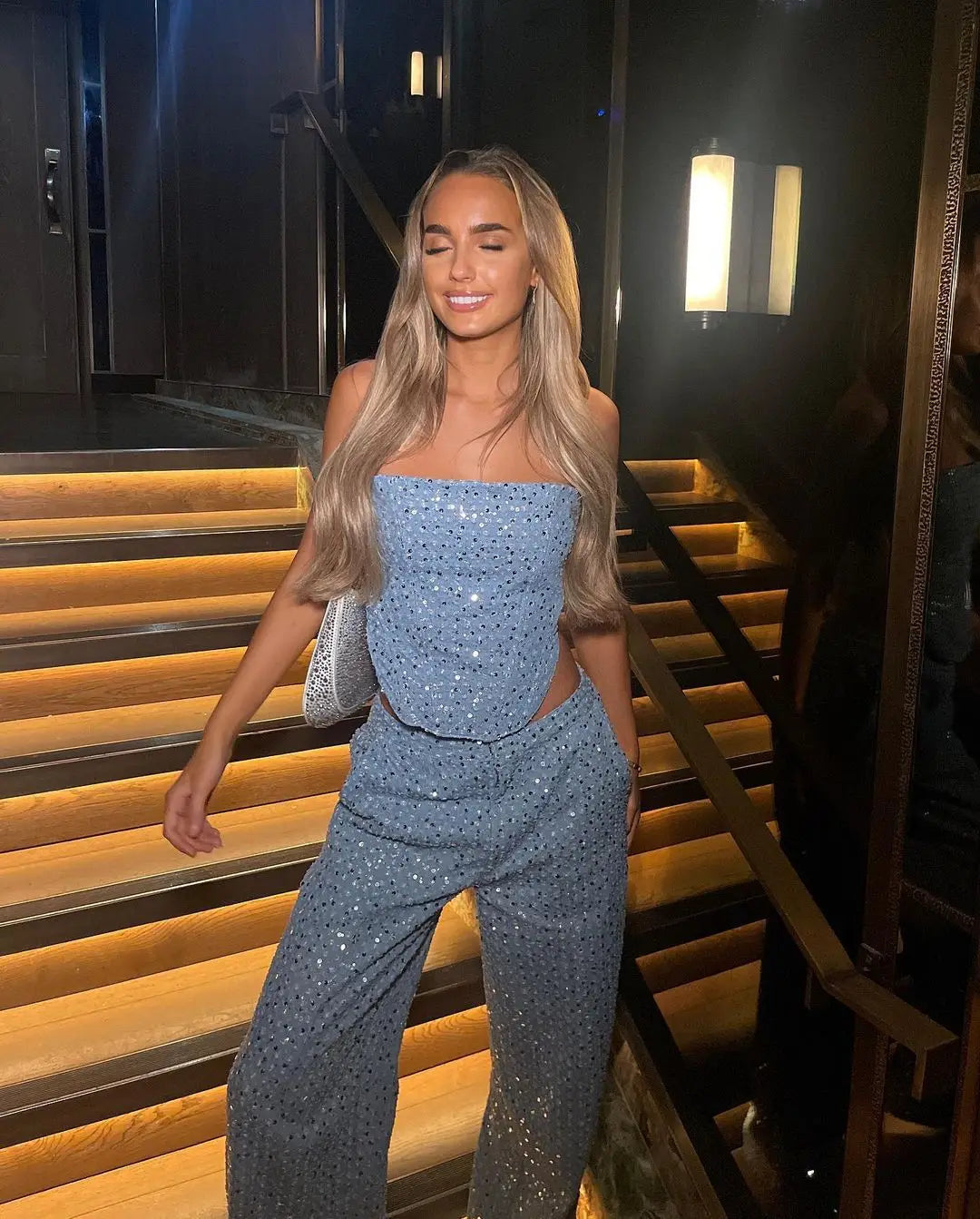 Fashion Sequins Denim Set Women Strapless Tunic Waist Crop Top and Wide Leg Pant Suit 2025 &2026 New 2 Piece Sets Outfits Tracksuit