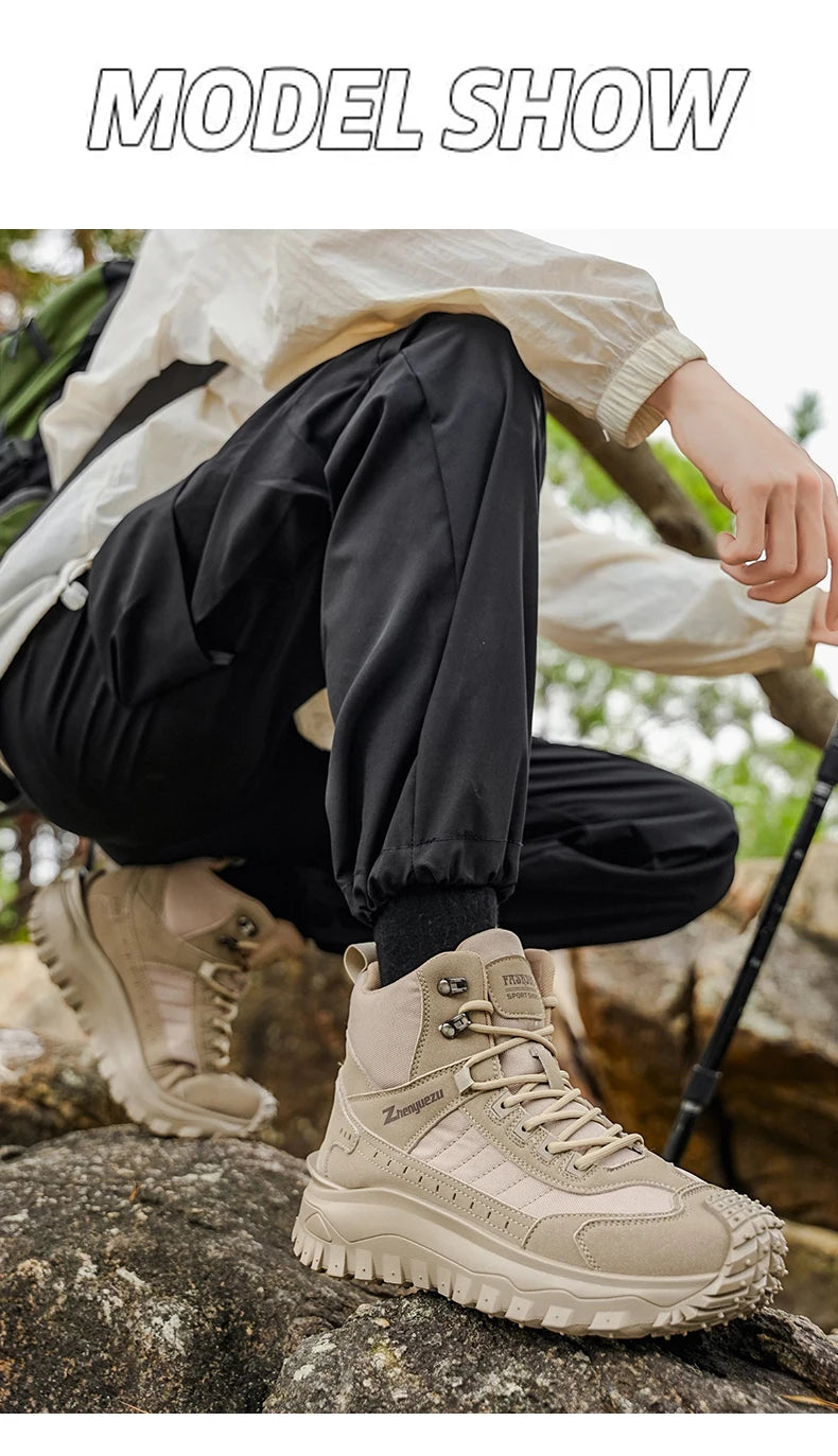 Men's Thick-Soled High-Top Boots, Non-Slip and Wear-Resistant, Suitable for Outdoor Hiking and Everyday Casual Wear