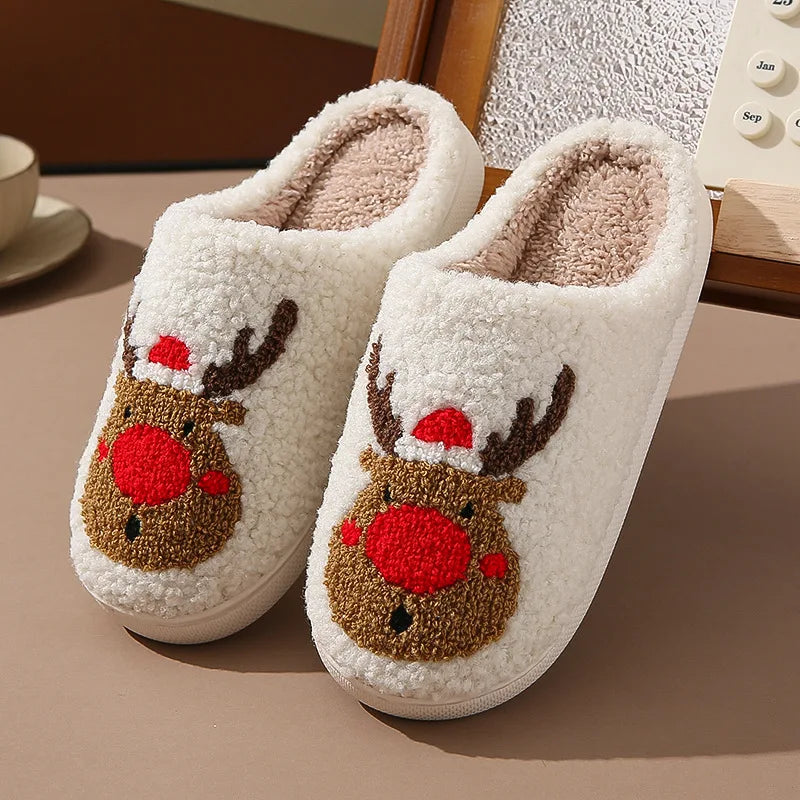 Christmas Elk Warm Cotton Slippers Women Winter Comfortable Home Slides Cute Furry Reindeer Warm Plush Sandals for Men Women