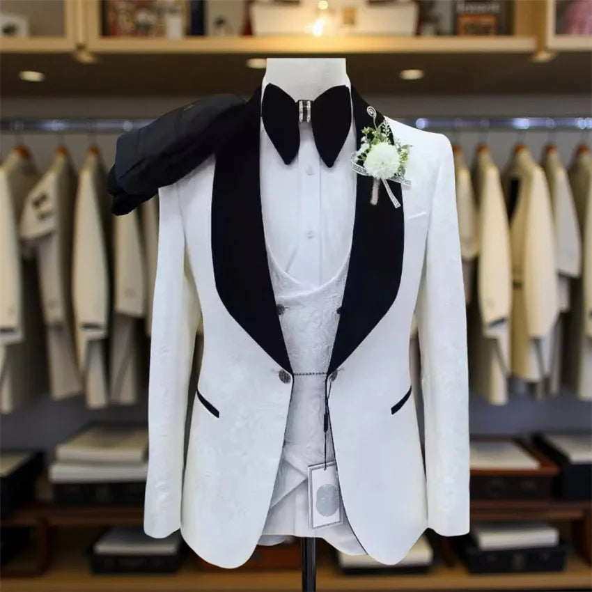 3 Pcs Floral Wedding Suits for Men Slim Fit Shawl Lapel Groom Tuxedo Groomsmen Formal Prom Suit Jacket with Pants Vest 2025 Main image