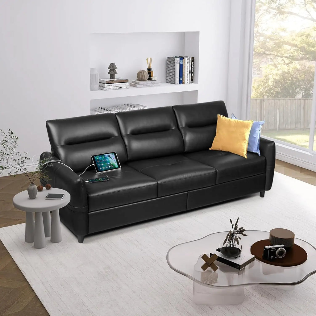 85” Black Faux Leather Couch with USB, 3 Seater Sofa Couches for Living Room, Large Mid Century Modern Office Apartment Couch (B