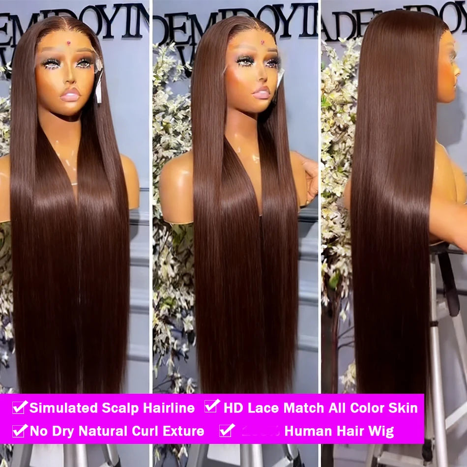 HD Chocolate Brown 13x4 Straight Lace Front Wig Brazilian 13x6 Full Lace Frontal Wigs For Women Remy Human Hair Wig Pre Plucked