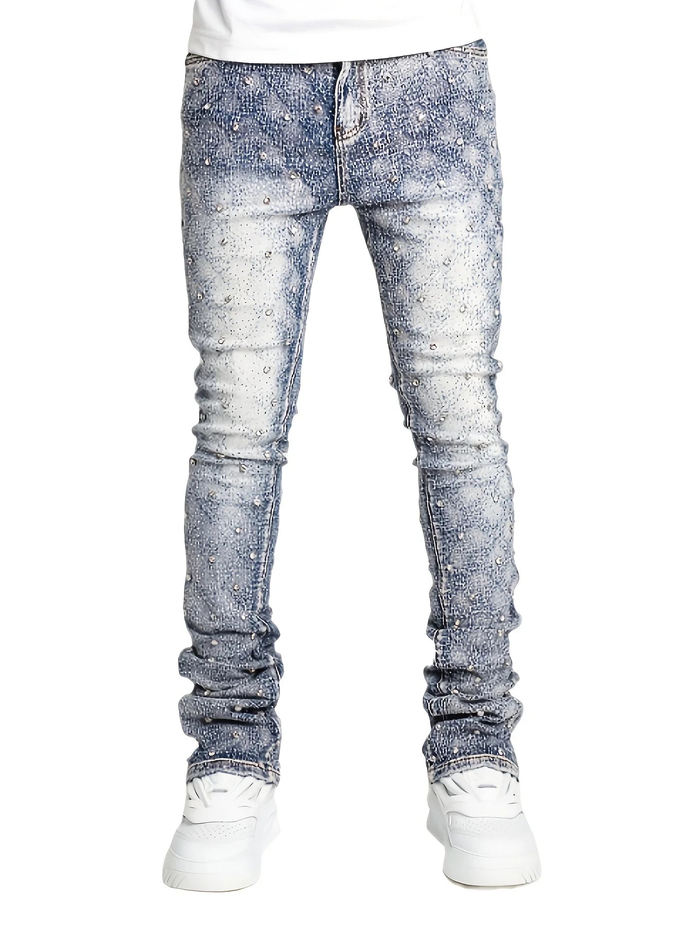Men's denim fashion personality straight leg men's pants European and American fashion Instagram hot item elastic pearl denim la