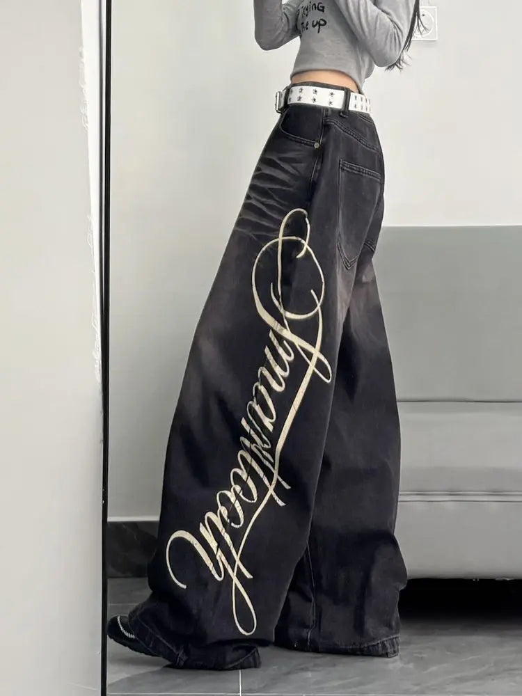 American New Fashion Oversized Letter Printing Black Washed Jeans Ladies Y2K Popular Casual Joker Loose Wide-leg Mop Pants