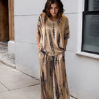 Vintage Women's Two Piece Set Outfits Fashion New Solid Print Loose Casual Round Neck Short Sleeve Top Wide Leg Long Pants Suit