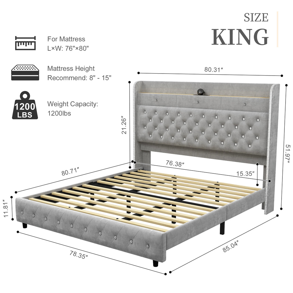 LED Bed Frame with Galaxy Star Projector, Platform Bed with Charging Station, 52" Wingback Storage Headboard, No Box Spring