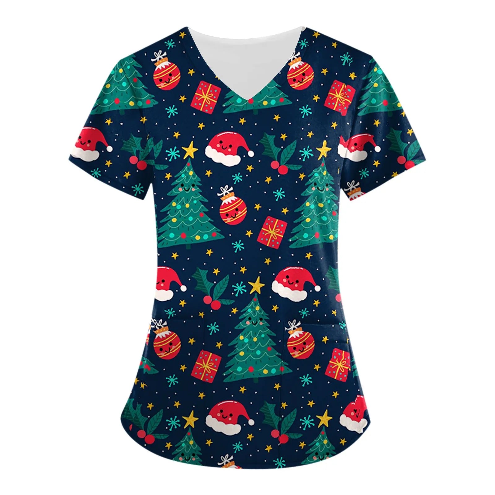 Christmas Clinical Uniform Woman Cartoon Print Uniforms Casual V-Neck Nurse Uniform Woman Tops With Pocket Scrub Tops Main image