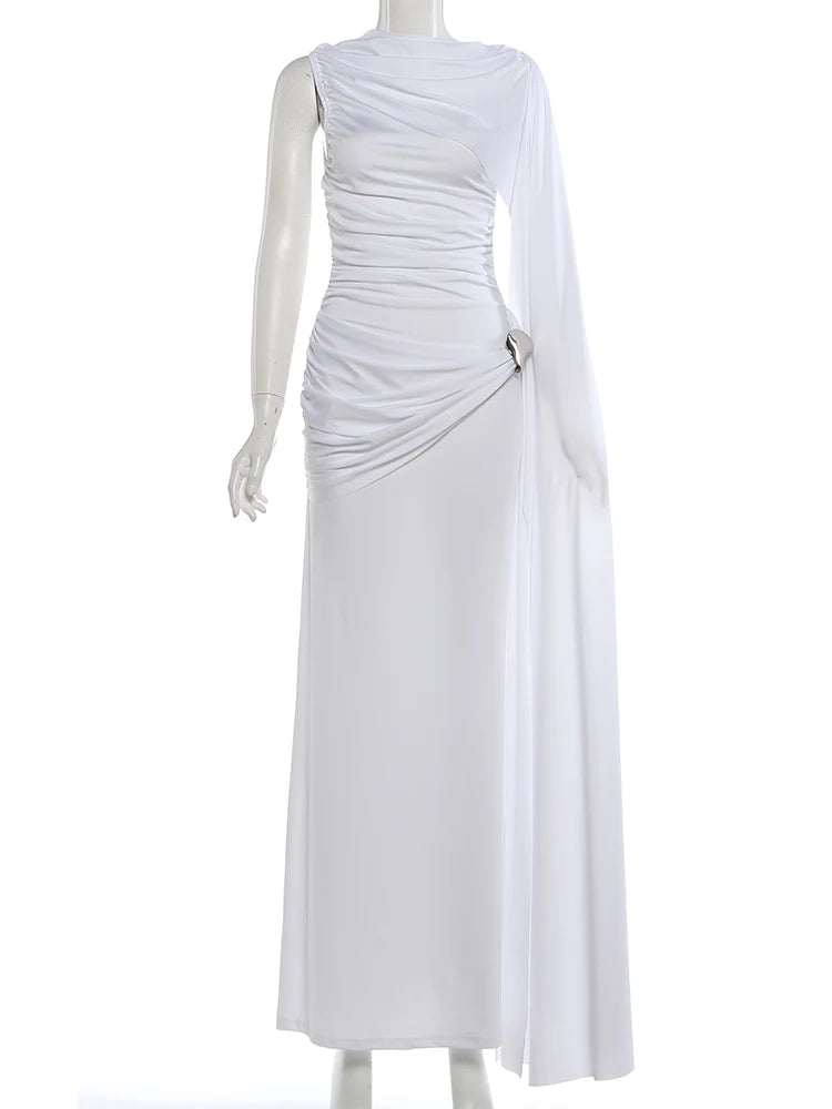 Kliou Ruched Elegant Gown Dress Woman o-Neck Sleeveless Ribbon Decoration Metal Trim High Waist Midnight Prom Party Long Bodycon