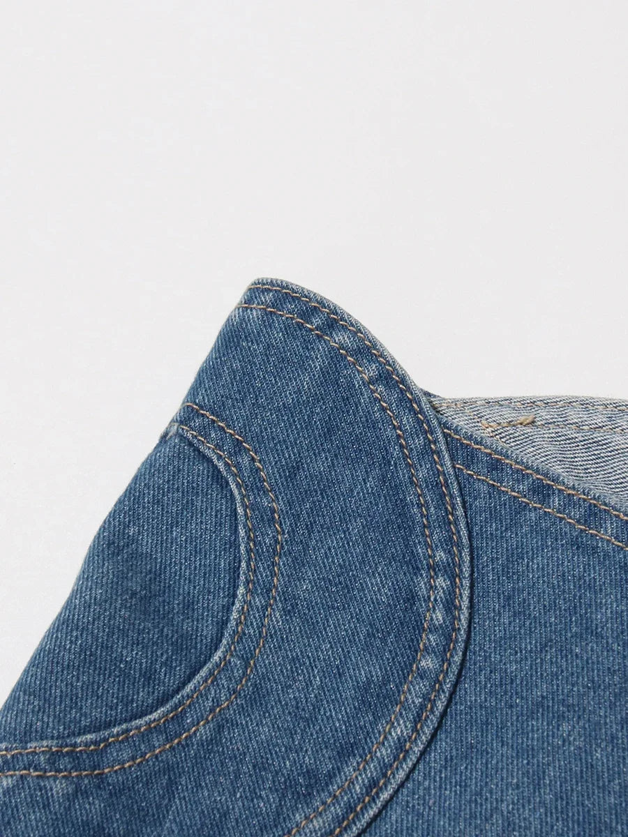 TWOTWINSTYLE Soild Two Piece Sets for Women Straplelss Sleeveless Vest High Wiast Patchwork Hollow Out Jeans Elegant Set Female