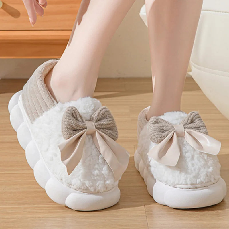 Cotton slippers for Women Autumn and Winter Thick Sole Indoor Home Warm Couples Shoes Bow Non-Slip Flat Platform Women's Slipper