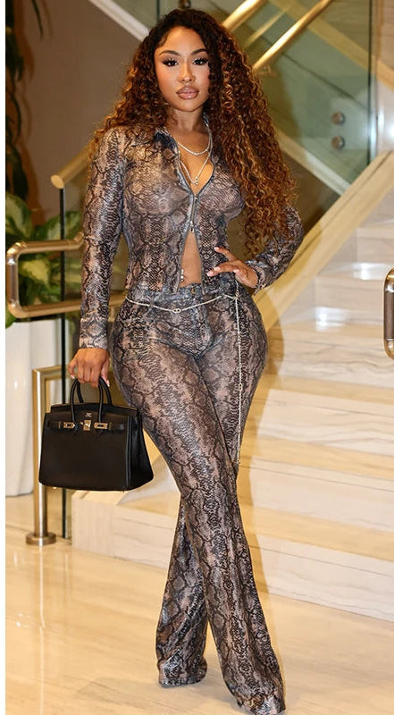 Sexy Night Club Snake Pattern 2 Pieces Women Set Full Sleeve Crop Tops and Pants Clubwear Skinny Midnight Party Outfits Y2K Main image