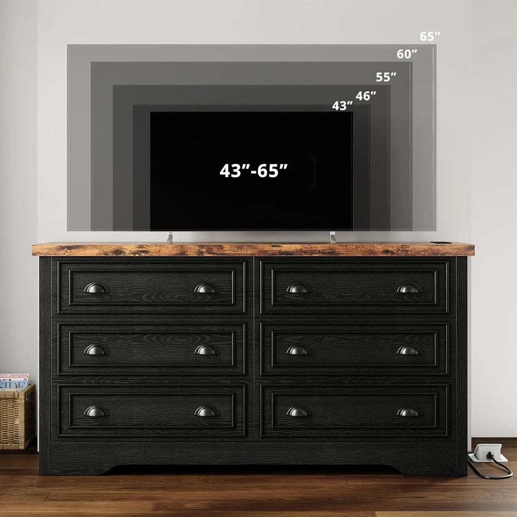 59" 6 Drawers Dresser for Bedroom, Power Strip, Farmhouse Large Wood Dressers & Chest of Drawers with Wide Storage, Customized