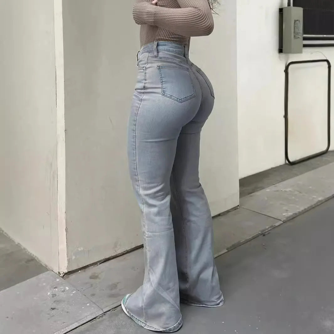 Men Jeans Boot Cut Solid Jean Wide Leg Denim Pant Distressed Washed Full Ankle Length Pockets Zipper Fly High Waist Basics Main image