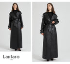 Lautaro Spring Autumn Extra Long Brown Pu Leather Trench Coat for Women Sashes Luxury Chic Overcoat Runway European Fashion 2024