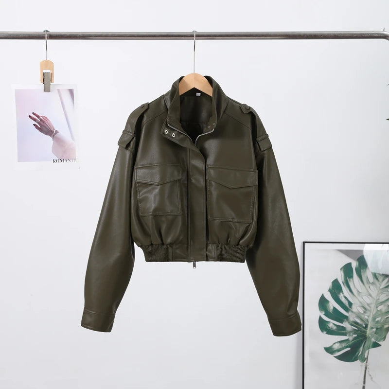 Vintage Zippers Short Leather Jackets Women's Casual Lapel Button Pockets Full Sleeve Coat 2025 Autumn New Lady Chic Streetwear