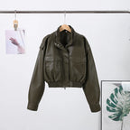 Vintage Zippers Short Leather Jackets Women's Casual Lapel Button Pockets Full Sleeve Coat 2025 Autumn New Lady Chic Streetwear