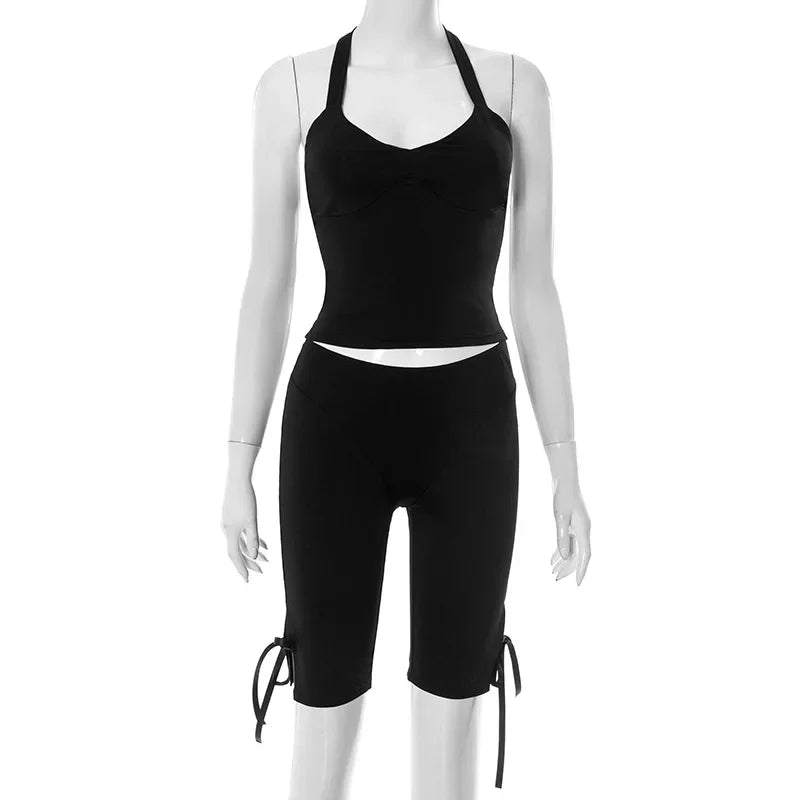 Women Solid Sexy 2 Piece Set Summer Tracksuits Lace Up Halter Backless Tank Crop Tops + Skinny Knee Length Pants Fitness Suits
