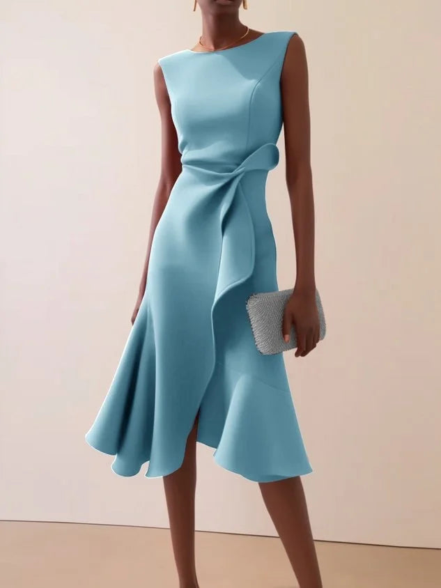 Women Sleeveless Solid Color Round Neck Midi Dress Elegant Slim Fit Formal Party Outfit Fashion 2025 New Arrival