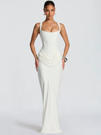 Mozision Elegant Backless Sexy Maxi Dress Women Gown Fashion Square Collar Sleeveless Skinny Ruched Club Party Long Dresses