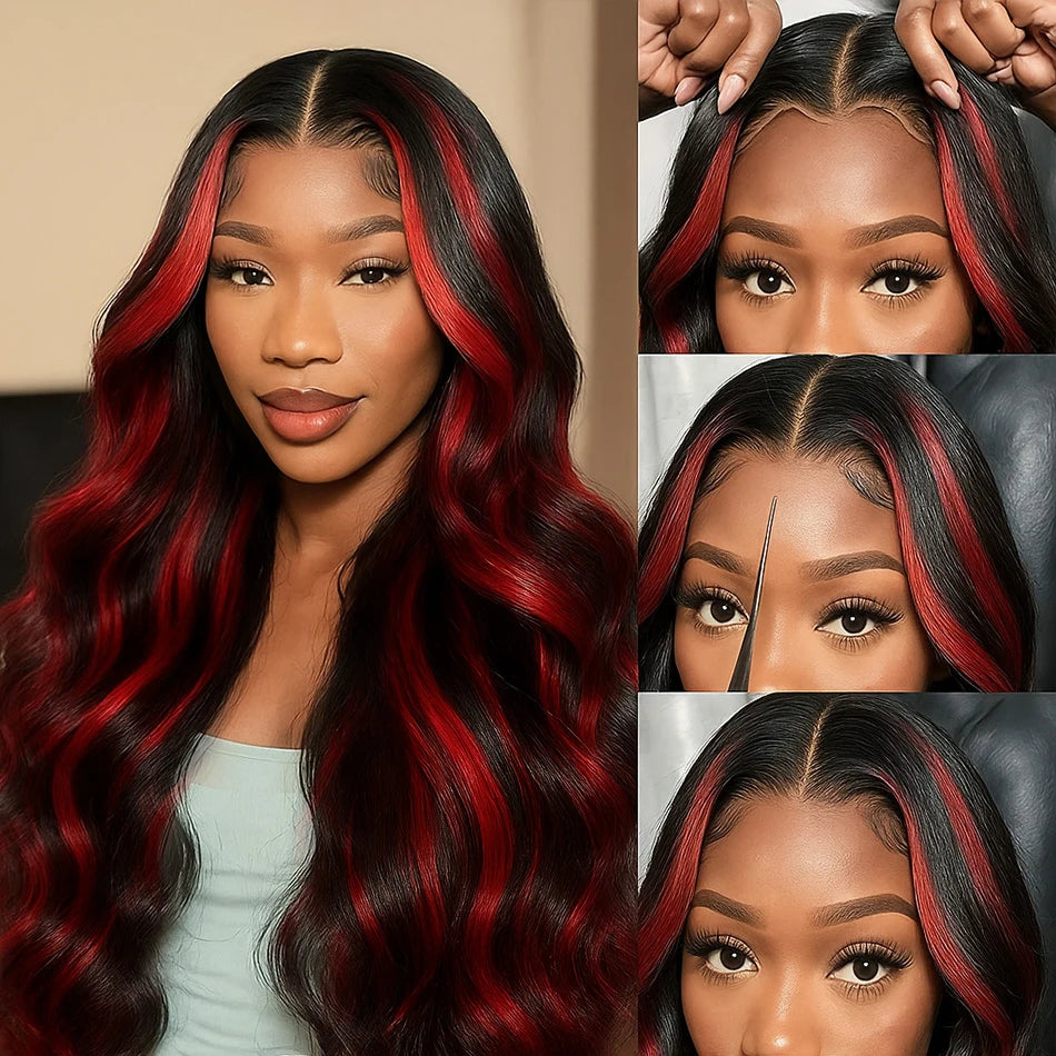 1B/99j Burgundy Highlight Lace Front Wig 30 Inch 5x5 Glueless Body Wave Wear And Go Wigs Brazilain Red Colored Human Hair Wigs