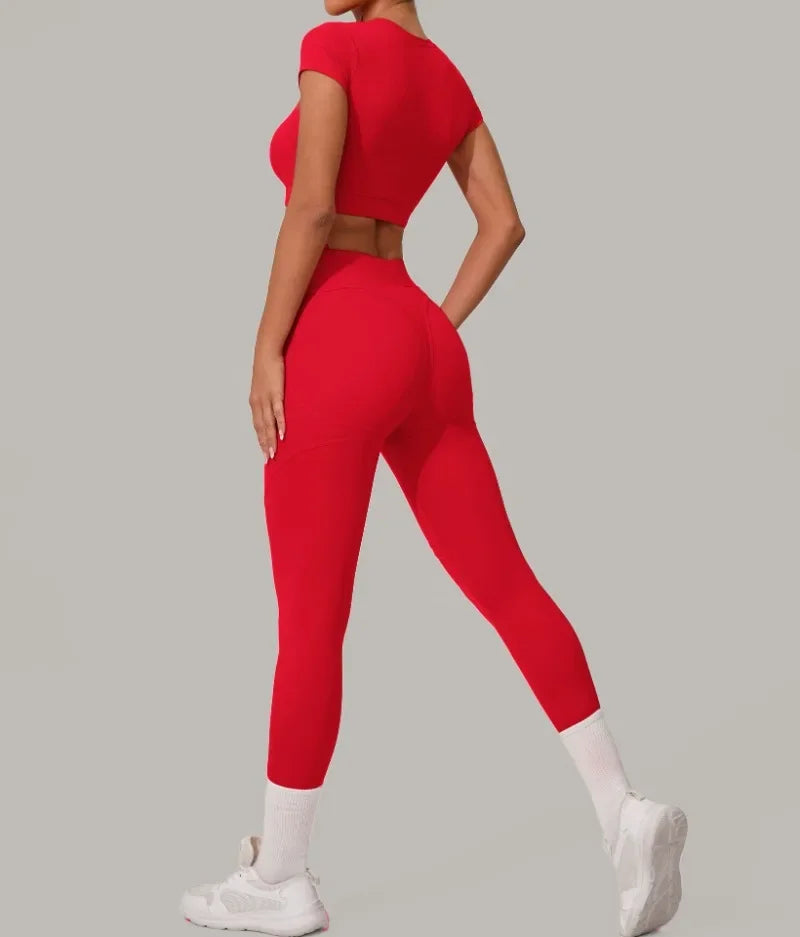 Gym Workout Yoga Fitness Sports Suit Short-sleeved Top Padded-free High-waisted Hip-lifting Trousers Outdoors Leisure Sportswear