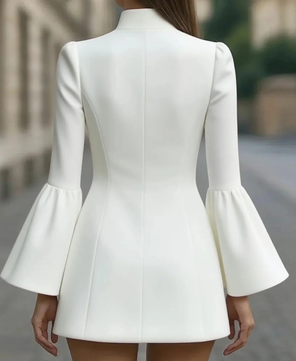 Autumn temperament slim solid colour stand-up collar flared sleeve single-breasted suit dress