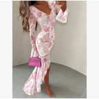 Flutter Sleeves Slim Long Dress Women Casual Pleated Deep V-neck Floral Print High Waist Dresses 2026 Lady Summer Holiday Wear