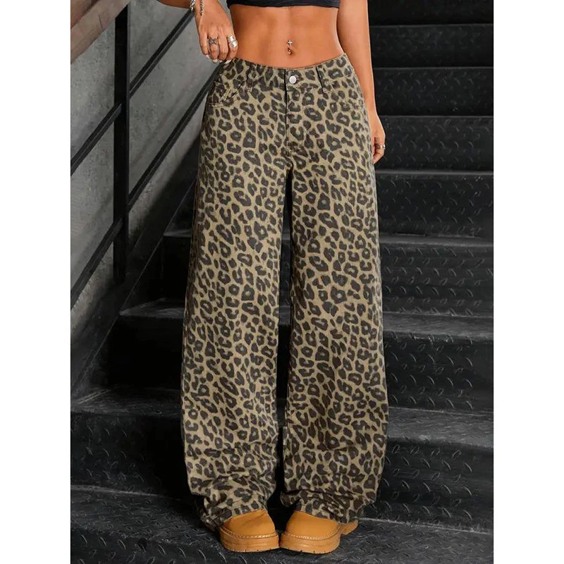 Female Retro Designer Straight Leg Jeans Pants Lady Fashion High Waist Denim Pants Women Leopard Print Baggy Trousers Main image