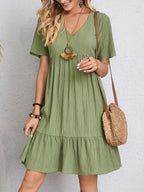 Elegant Solid V Neck A Line Dress 2024 New Summer Ruffles Loose Mini Dress Casual Short Sleeve Beach Party Vestidos Streetwear