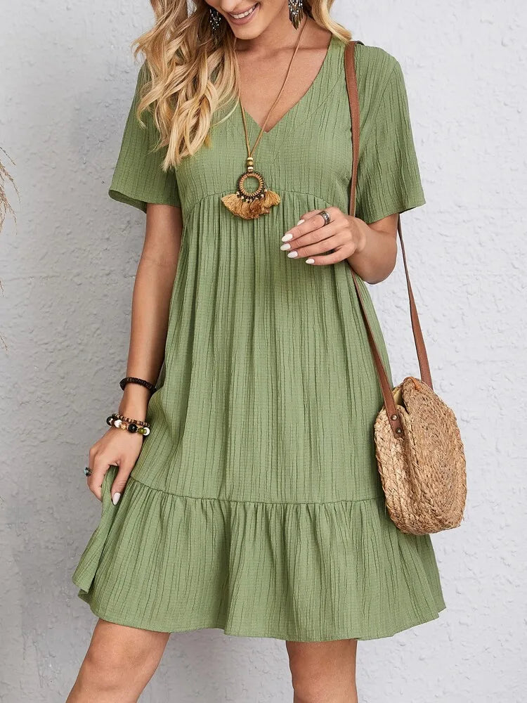 Elegant Solid V Neck A Line Dress 2024 New Summer Ruffles Loose Mini Dress Casual Short Sleeve Beach Party Vestidos Streetwear