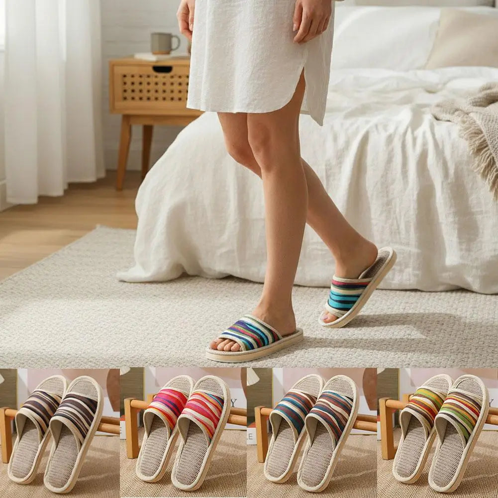 Striped Linen Open Toe Slippers Breathable Indoor House Slippers Anti Slip EVA Sole Lightweight Casual Home Slides For Men Women
