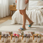 Striped Linen Open Toe Slippers Breathable Indoor House Slippers Anti Slip EVA Sole Lightweight Casual Home Slides For Men Women
