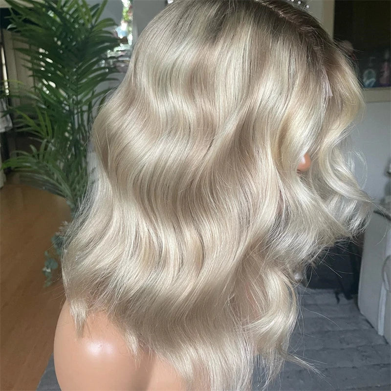 Honey Platinum Blonde Lace Frontal Wigs 13x4 Short Medium Woman"s Wig Glueless Loose Deep Synthetic Hair Mix 5% Human Hair