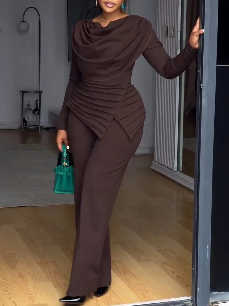 Swing Collar Ruched Jumpsuit Long Sleeve Solid Elegant Office Ladies Asymmetric Hem Autumn Casual Vintage Ruched Slim Rompers
