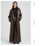 Lautaro Spring Autumn Extra Long Brown Pu Leather Trench Coat for Women Sashes Luxury Chic Overcoat Runway European Fashion 2024