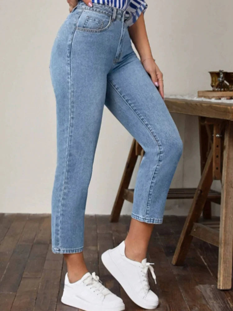 Pocket Micro Elastic Pants High Waist Solid Color Women's Straight Leg Pants Fashion High Street Daily Versatile Spring Jeans Secondary image