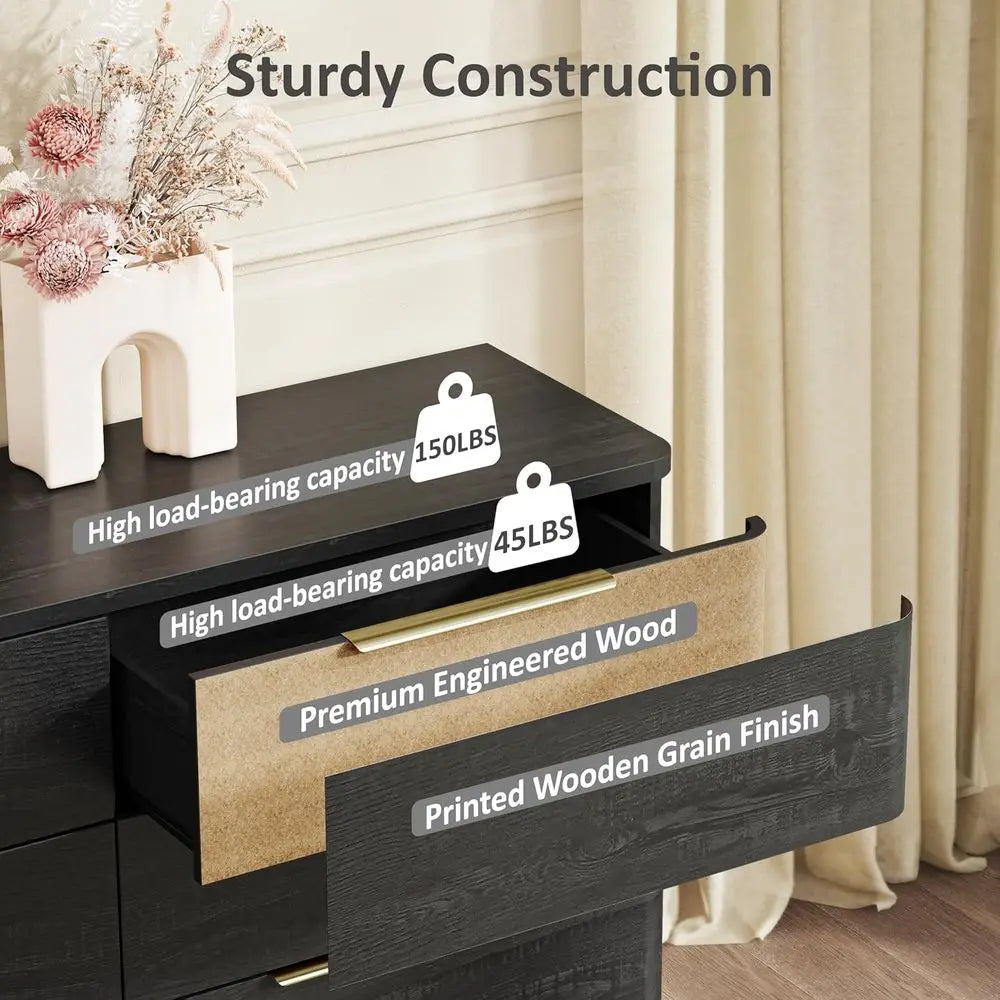 Wide 54 Black Wooden Dresser with Metal Handles, Curved Design for Bedroom, Living Room, or Hallway Storage