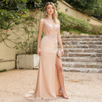 Popular Mermaid Slit Evening Dresses Gowns 2025/2026 Elegant Pearl Pink V Neck Lace Applique Sexy Formal Maxi Dress For Prom Party