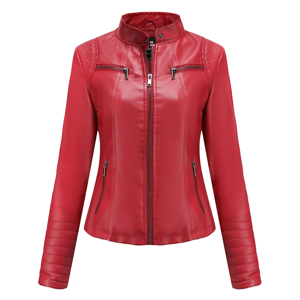 Women's Slim Leather Jacket, Stand-up Collar, Zipper Stitching, Monochromatic Coat, Fashion Clothing, New Secondary image
