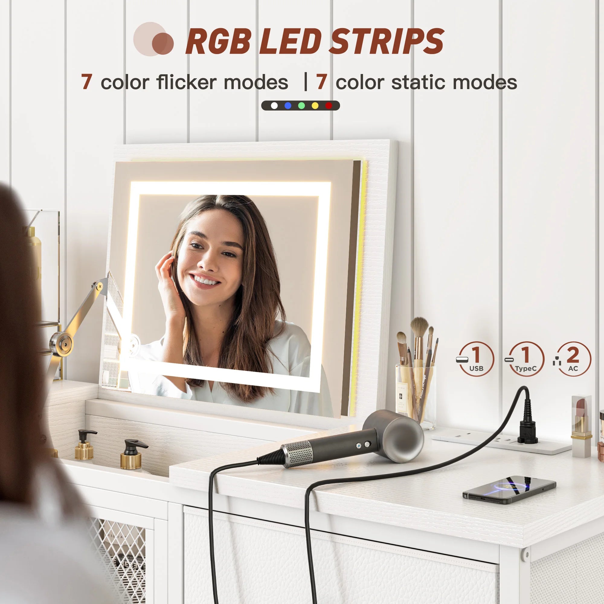 Modern 10-Drawer Dresser with Mirror & RGB LED Lights, 55" Wide Fabric Chest with USB Charging for Bedroom Vanity, Hallway