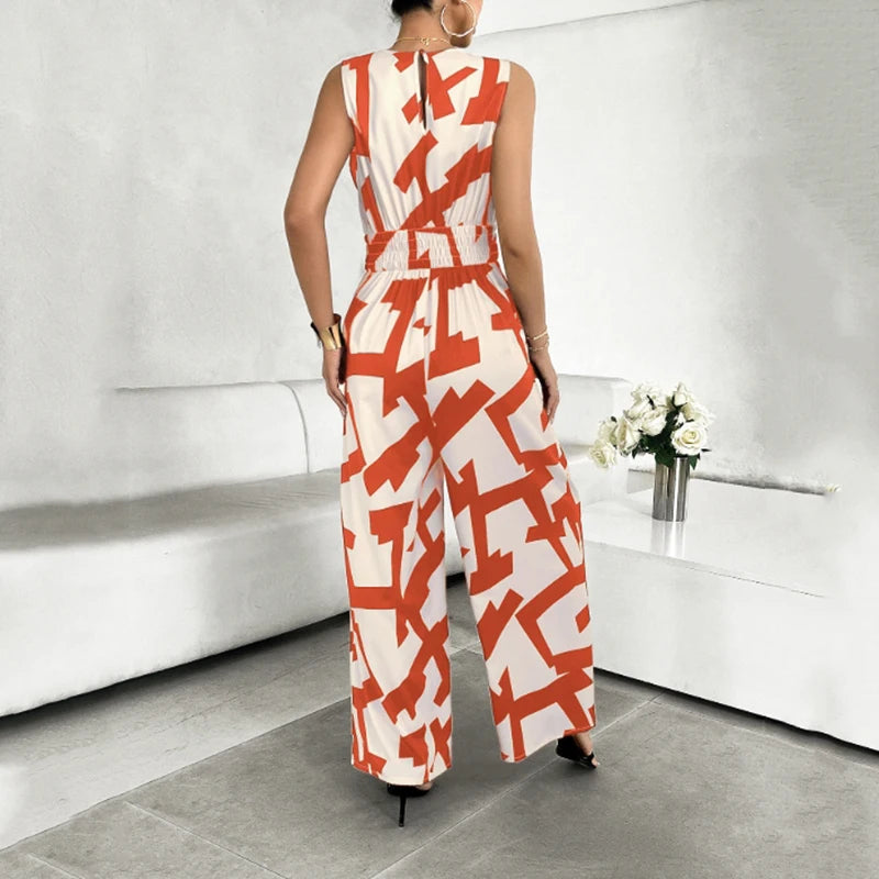 Summer Fashion Vacation Style Jumpsuits for Women Casual V Neck Sleeveless Color Blocking Lace Up High Waist Wide Leg Jumpsuit Secondary image