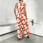 Summer Fashion Vacation Style Jumpsuits for Women Casual V Neck Sleeveless Color Blocking Lace Up High Waist Wide Leg Jumpsuit