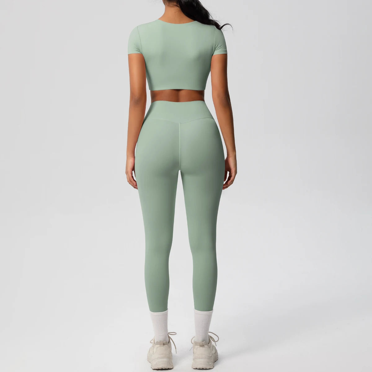2PCS Woman Gym Sports Yoga Set Knitted Slim Workout Top Short Sleeve Quick Drying Legging Fitness Pants Running Sports Yoga Suit