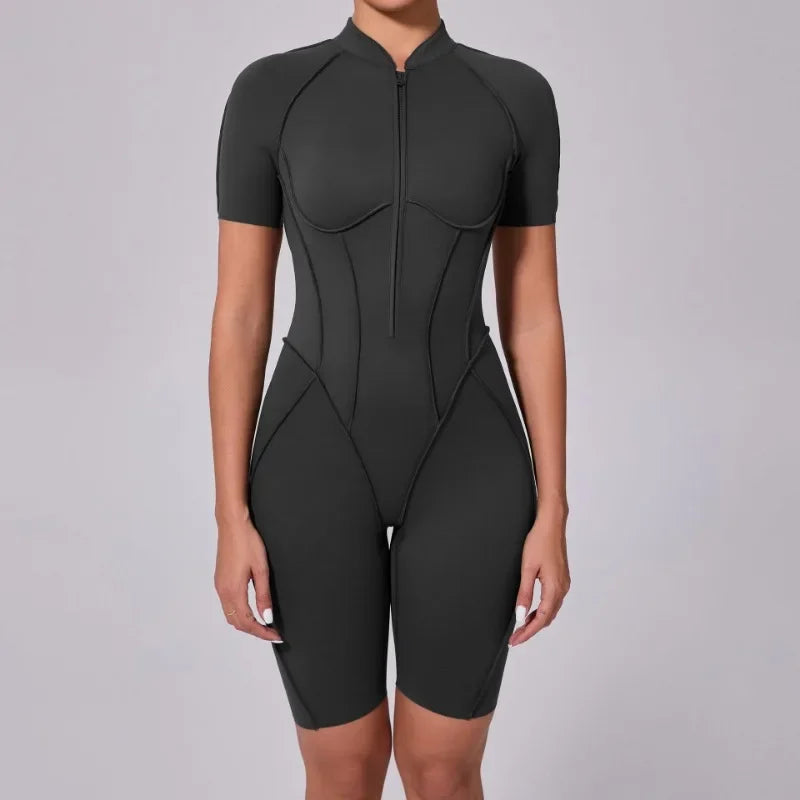 Seamless Yoga Jumpsuits Sports Fitness Zipper Hip-lifting Short-sleeved Backless Dance Workout Gym Shorts Bodysuits for Women