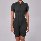 Seamless Yoga Jumpsuits Sports Fitness Zipper Hip-lifting Short-sleeved Backless Dance Workout Gym Shorts Bodysuits for Women
