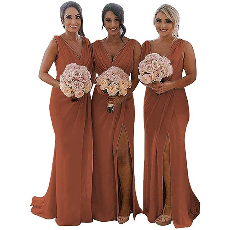 Elegant Bridesmaid Dresses 2026 Wedding Banquet V-Neck Sweep Train Sleeveless Simple A-line Split Backless Evening Dress
