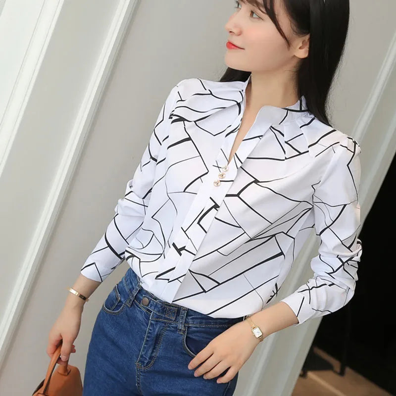 Xpqbb Autumn New White Shirt for Women Fashion Stripe Print Long Sleeve Office Lady Blouses Casual Loose Stand-up Collar Blusas