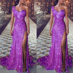 2026 Women's Wedding Party Dress Evening Elegant Sexy Deep V Neck One Shoulder Sleeveless Sequined Long Maxi Dresses For Women