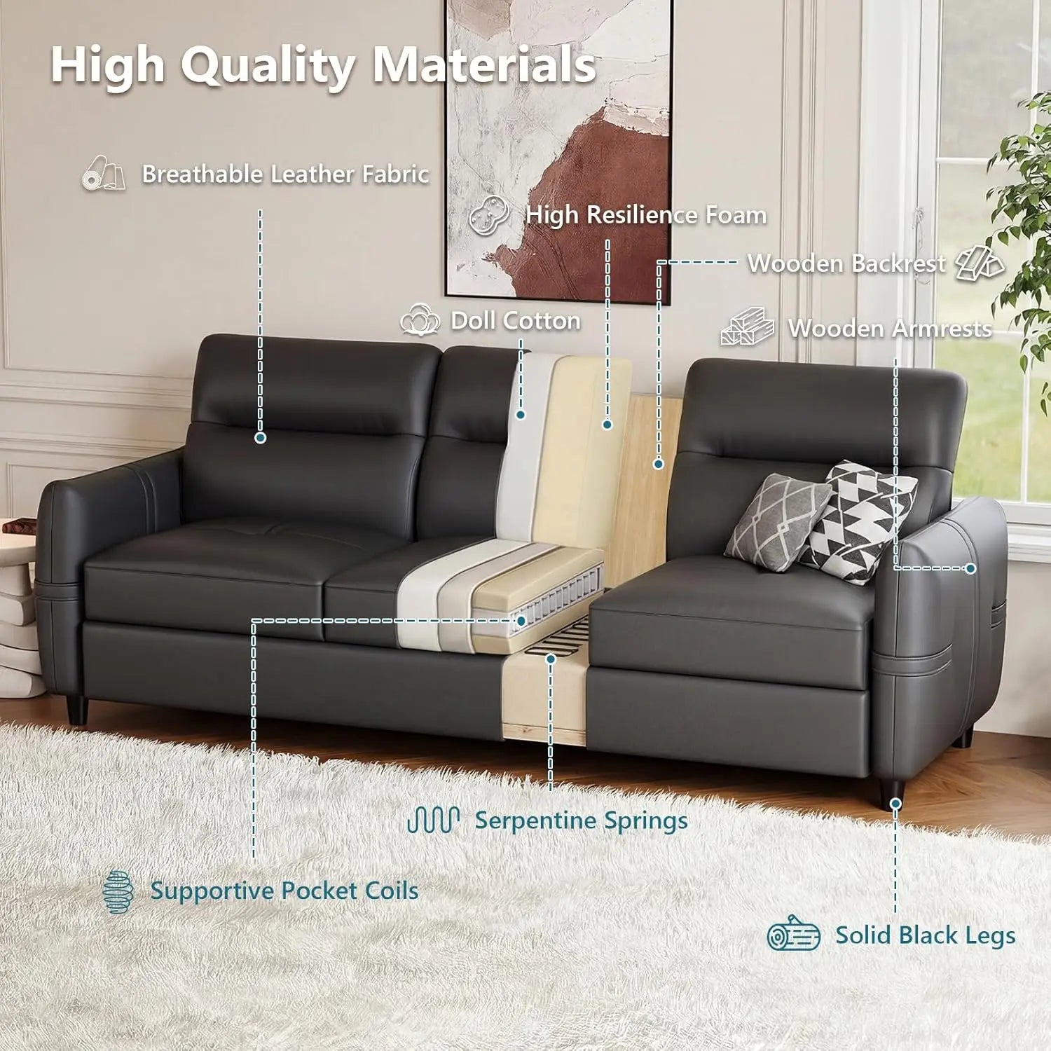 85” Black Faux Leather Couch with USB, 3 Seater Sofa Couches for Living Room, Large Mid Century Modern Office Apartment Couch (B