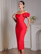 2026 Sexy Off The Shoulder Flower Patchwork Bandage Dress Women Red Florals Bodycon Midi Dresses Evening Party Gowns